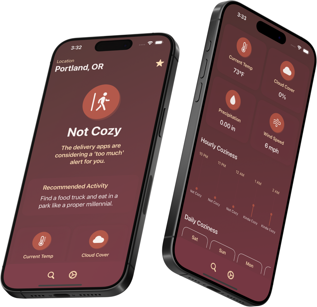 CozyCast app interface showing weather and CozyRating
